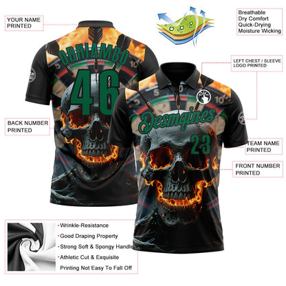Custom Black-Kelly Green Darts Flame Skull Dartboard Performance Polo Shirt