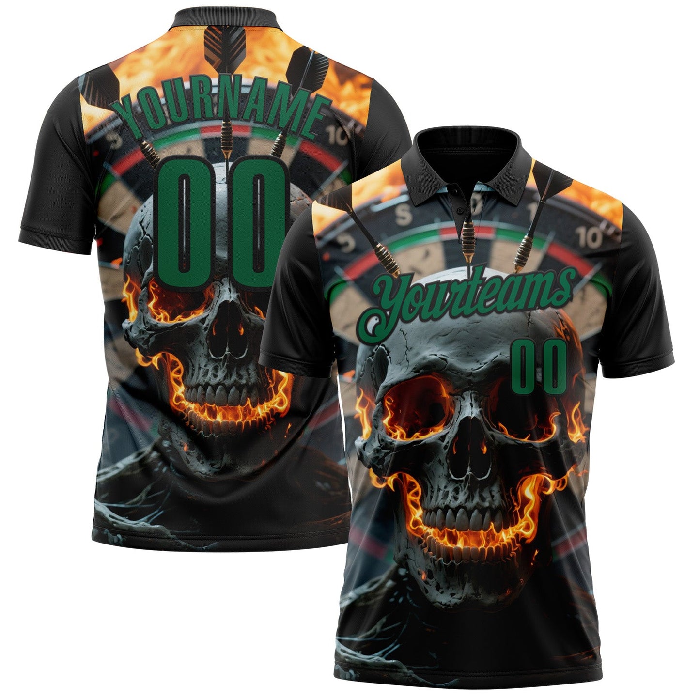 Custom Black-Kelly Green Darts Flame Skull Dartboard Performance Polo Shirt