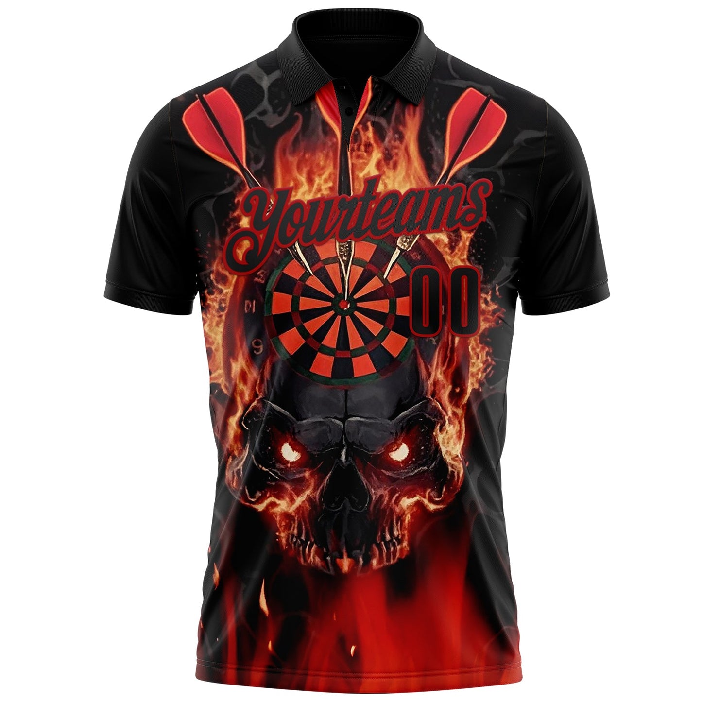 Custom Black-Red Darts Flame Skull Dartboard Performance Polo Shirt