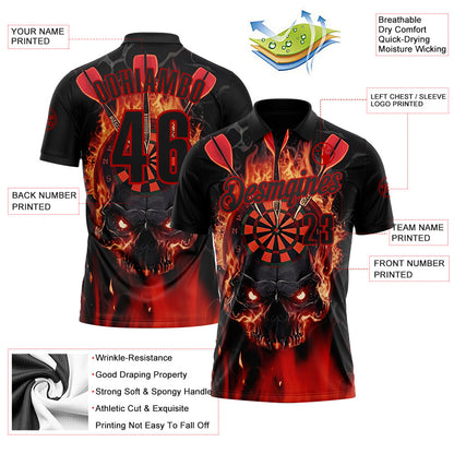 Custom Black-Red Darts Flame Skull Dartboard Performance Polo Shirt