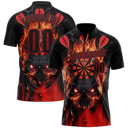 Custom Black-Red Darts Flame Skull Dartboard Performance Polo Shirt