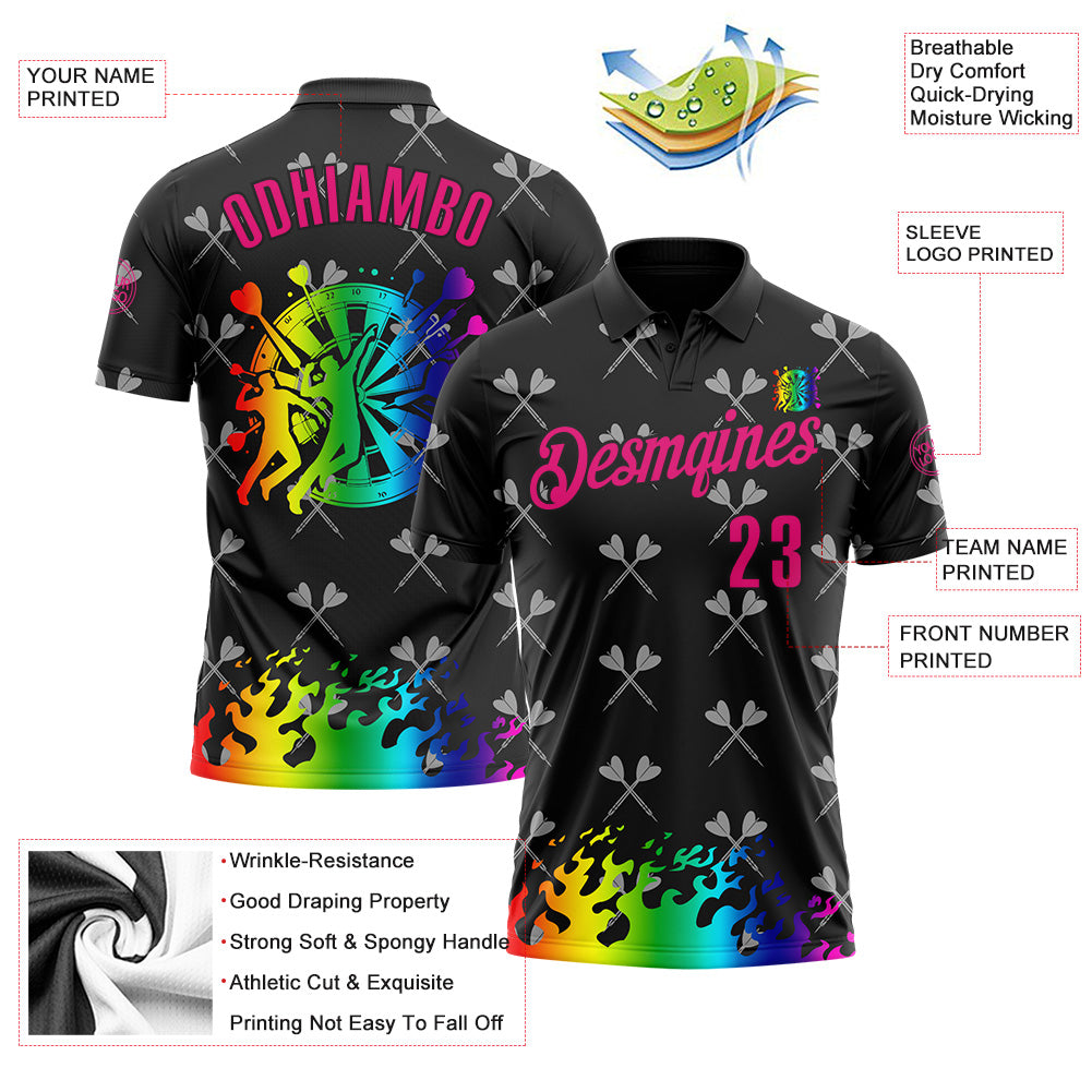 Custom Black-Hot Pink Darts Flame Dartboard Performance Polo Shirt