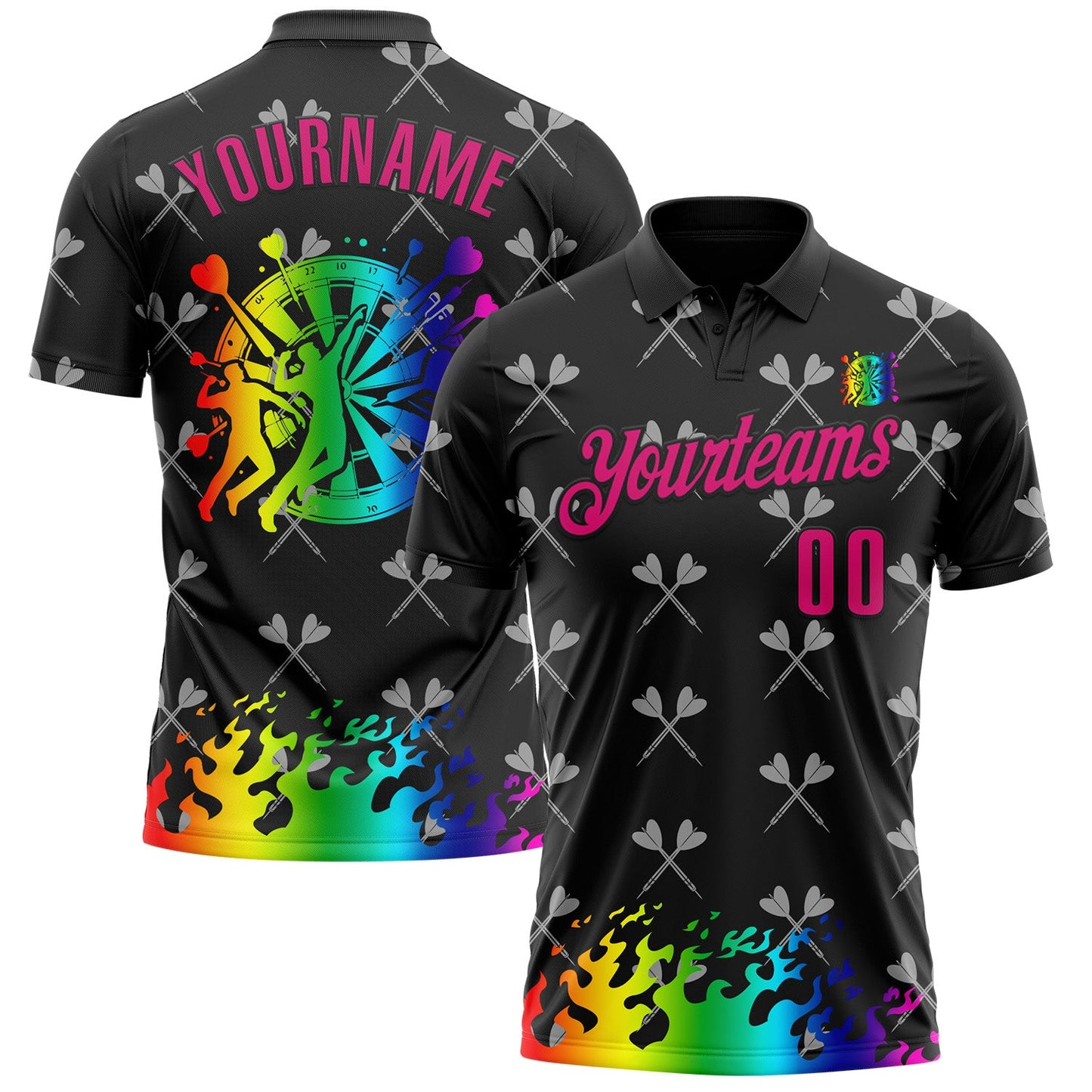 Custom Black-Hot Pink Darts Flame Dartboard Performance Polo Shirt