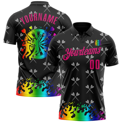 Custom Black-Hot Pink Darts Flame Dartboard Performance Polo Shirt