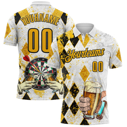 Custom White Gold-Black Darts Beer Dartboard Performance Polo Shirt