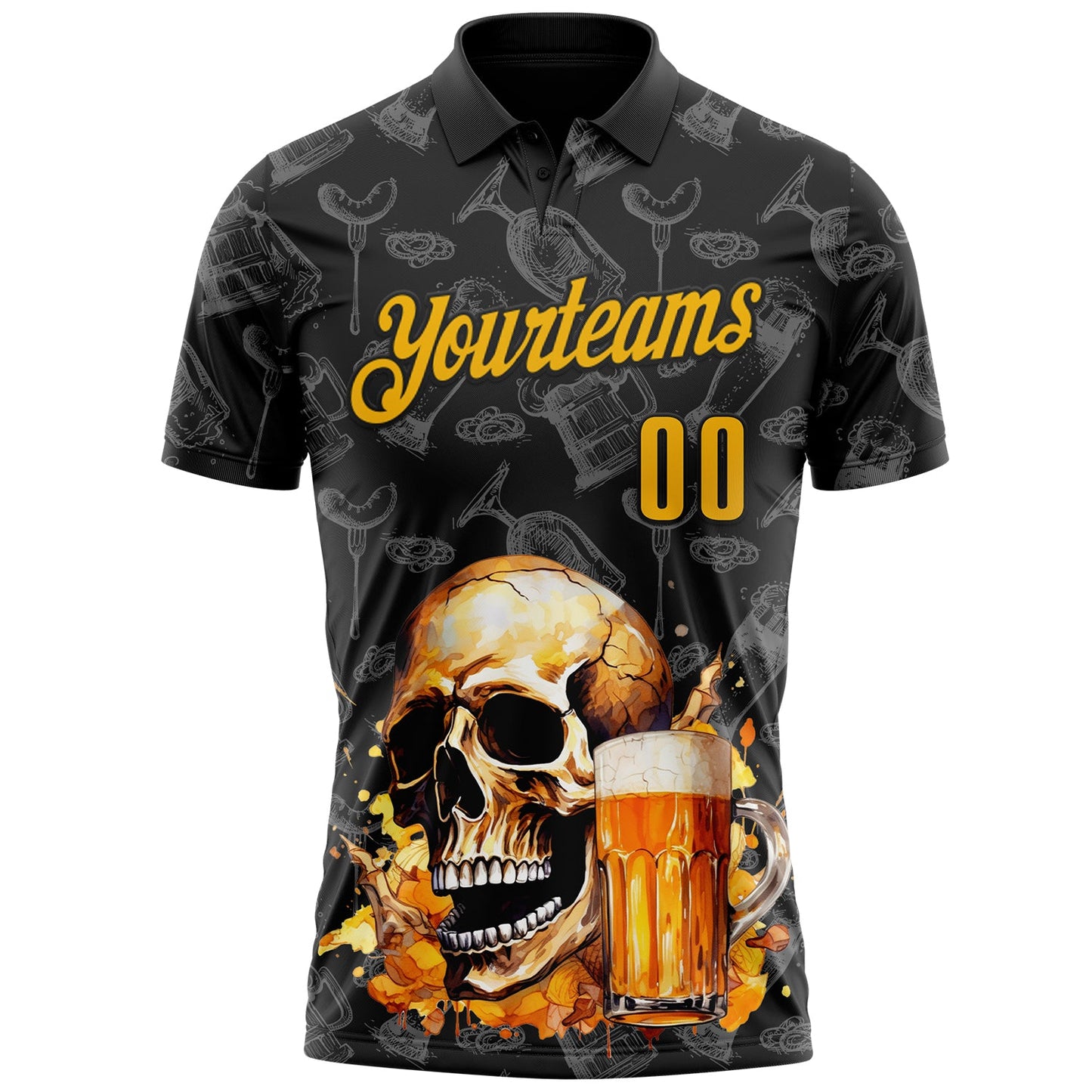 Custom Black-Gold Darts Beer Skull Dartboard Performance Polo Shirt