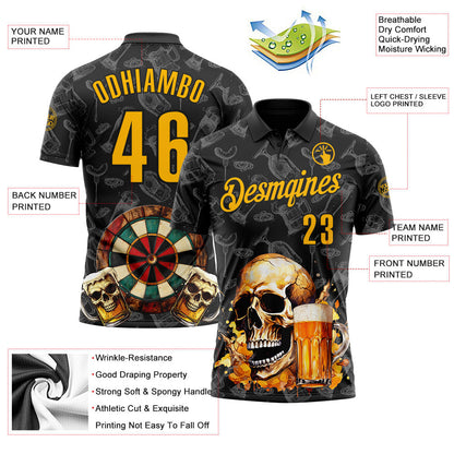 Custom Black-Gold Darts Beer Skull Dartboard Performance Polo Shirt