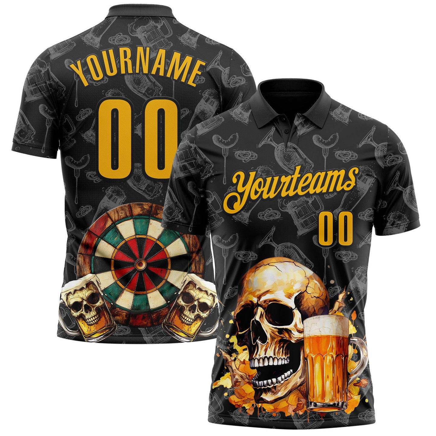 Custom Black-Gold Darts Beer Skull Dartboard Performance Polo Shirt