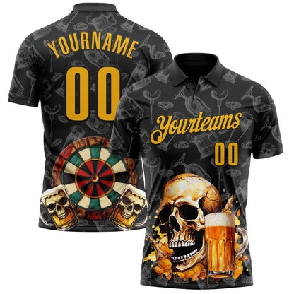Custom Black-Gold Darts Beer Skull Dartboard Performance Polo Shirt