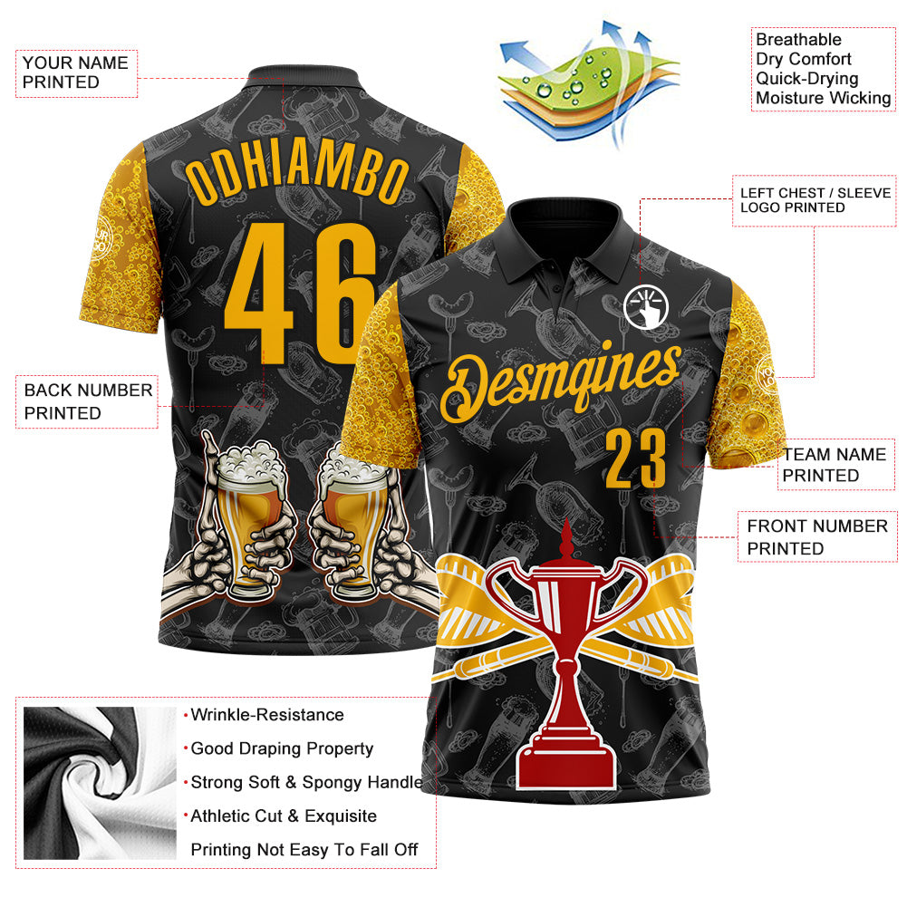Custom Black-Gold Darts Beer Skeleton Dartboard Performance Polo Shirt