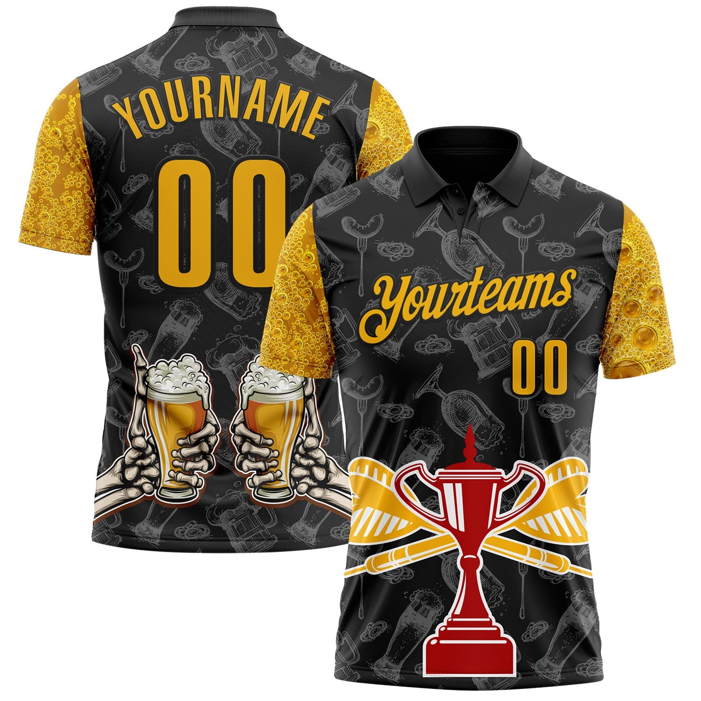 Custom Black-Gold Darts Beer Skeleton Dartboard Performance Polo Shirt