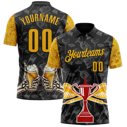 Custom Black-Gold Darts Beer Skeleton Dartboard Performance Polo Shirt