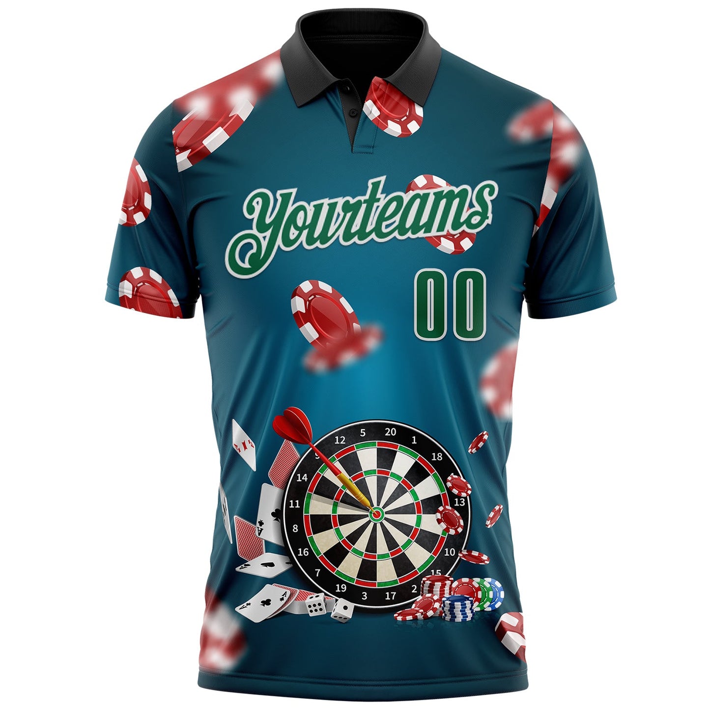 Custom Blue Kelly Green Black-White Darts Poker Chips Performance Polo Shirt