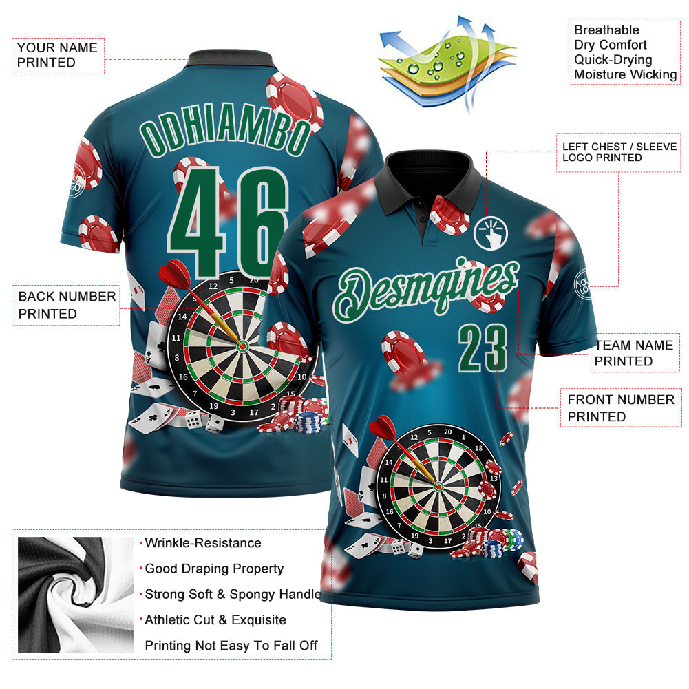 Custom Blue Kelly Green Black-White Darts Poker Chips Performance Polo Shirt