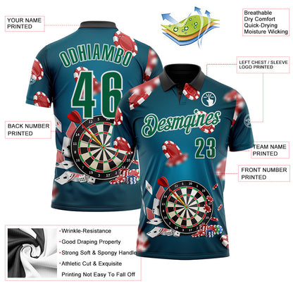 Custom Blue Kelly Green Black-White Darts Poker Chips Performance Polo Shirt