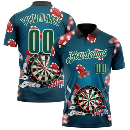 Custom Blue Kelly Green Black-White Darts Poker Chips Performance Polo Shirt