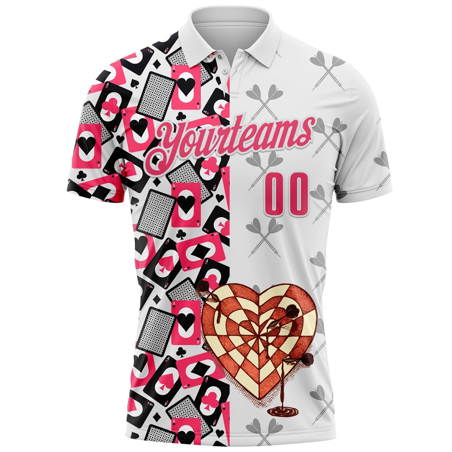 Custom White-Neon Pink Darts Poker Heart Dartboard Performance Polo Shirt