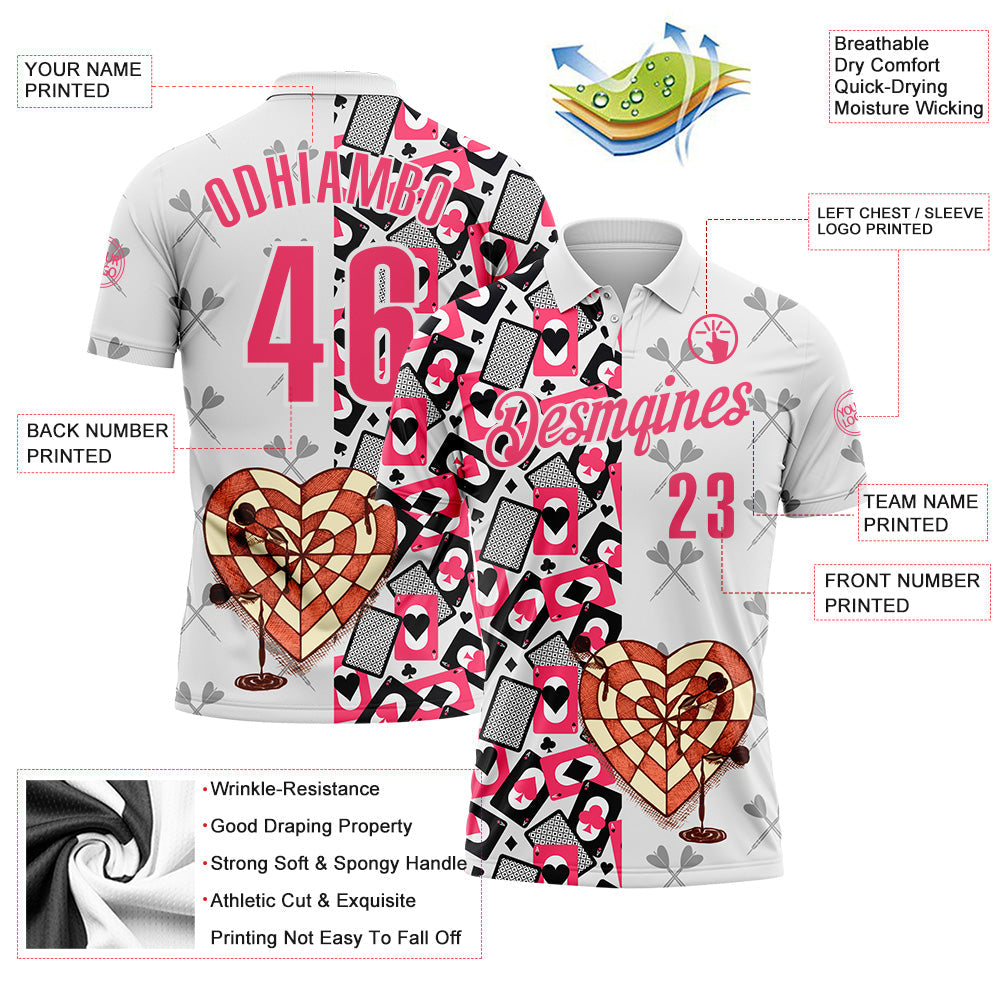 Custom White-Neon Pink Darts Poker Heart Dartboard Performance Polo Shirt