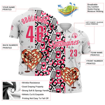 Custom White-Neon Pink Darts Poker Heart Dartboard Performance Polo Shirt