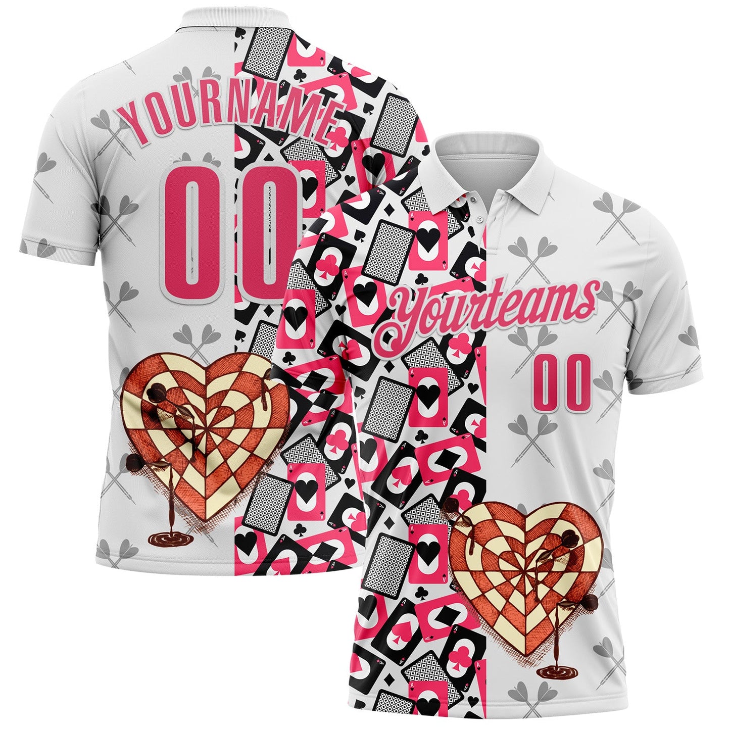 Custom White-Neon Pink Darts Poker Heart Dartboard Performance Polo Shirt