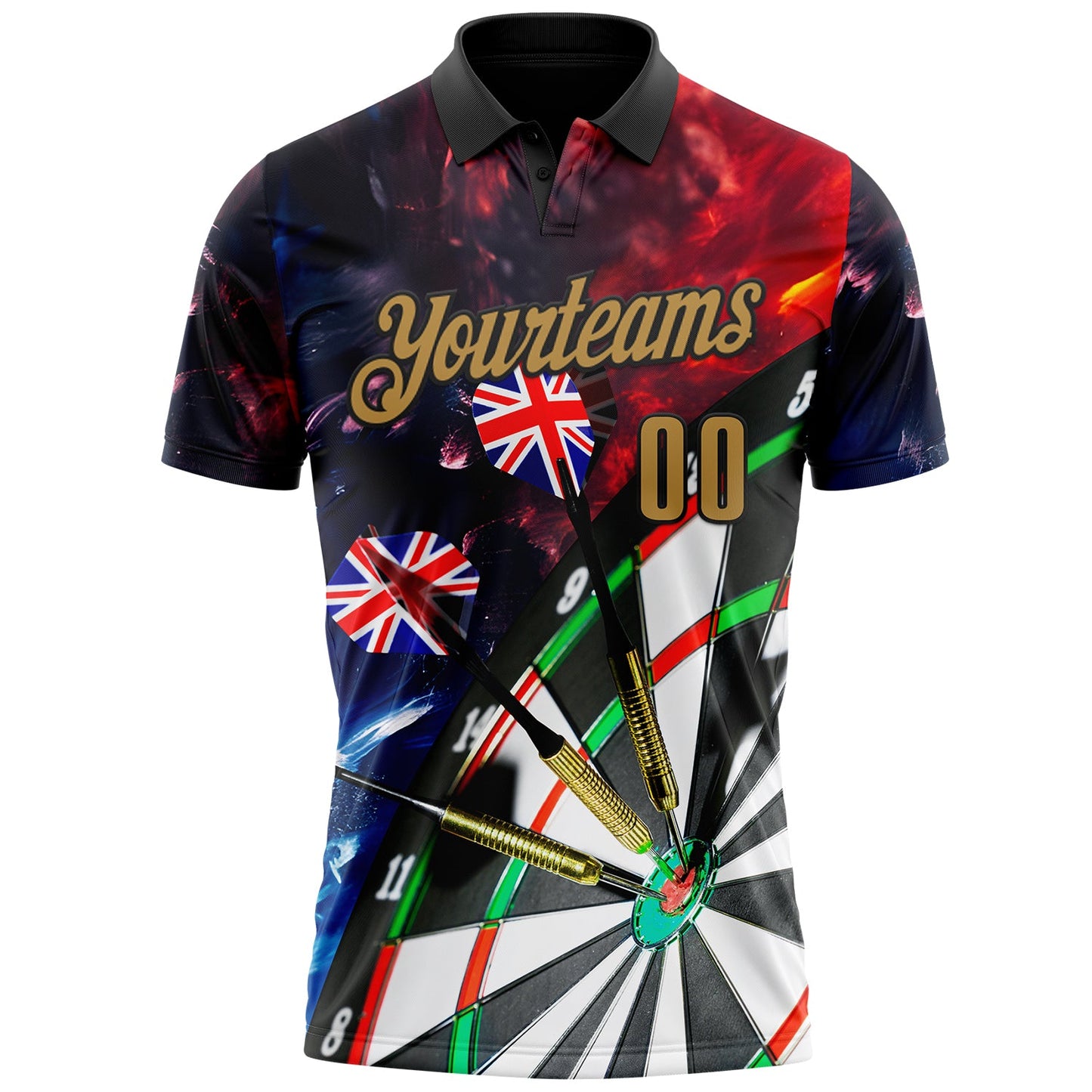 Custom Black-Old Gold Darts Flame UK Flag Dartboard Performance Polo Shirt