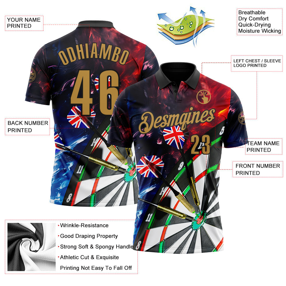 Custom Black-Old Gold Darts Flame UK Flag Dartboard Performance Polo Shirt