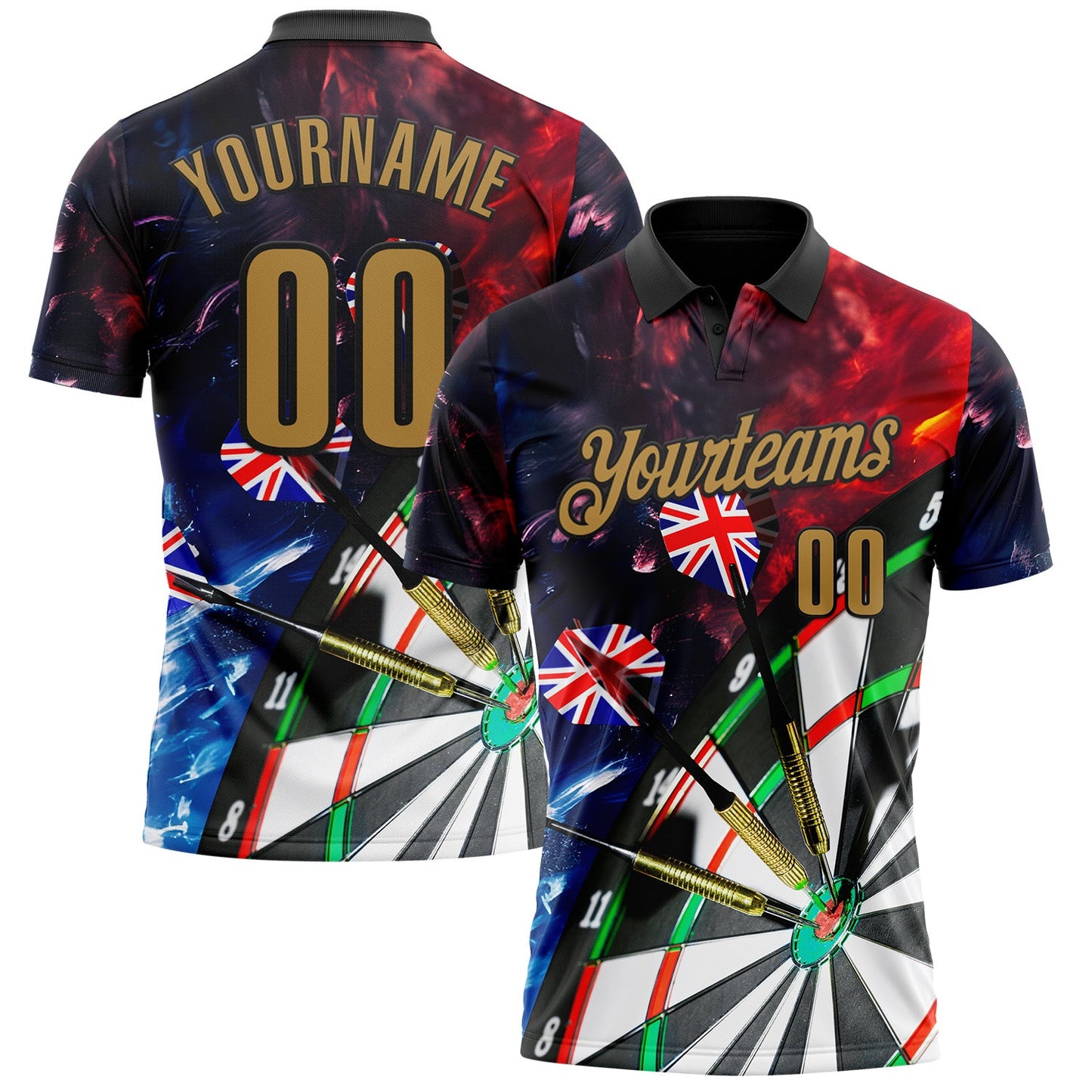 Custom Black-Old Gold Darts Flame UK Flag Dartboard Performance Polo Shirt