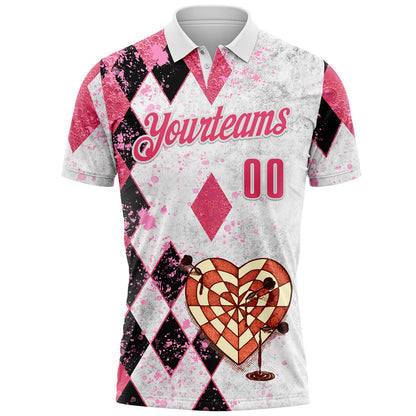 Custom White-Neon Pink Darts Poker Heart Dartboard Performance Polo Shirt