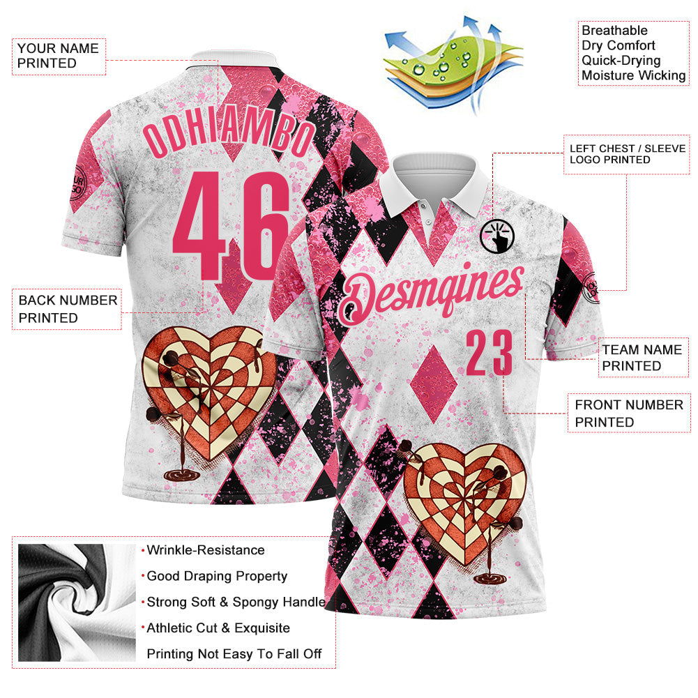 Custom White-Neon Pink Darts Poker Heart Dartboard Performance Polo Shirt