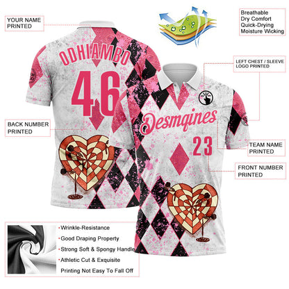 Custom White-Neon Pink Darts Poker Heart Dartboard Performance Polo Shirt