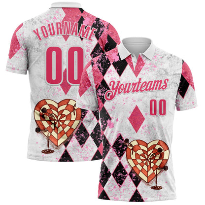 Custom White-Neon Pink Darts Poker Heart Dartboard Performance Polo Shirt