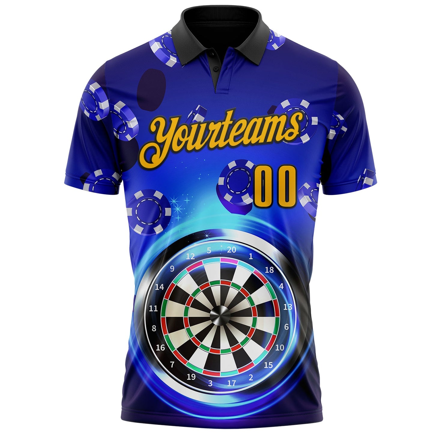 Custom Blue Gold-Black Darts Poker Chips Performance Polo Shirt
