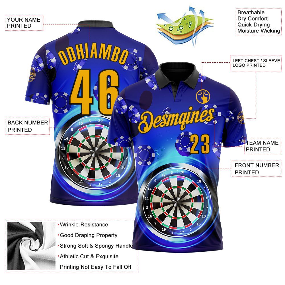 Custom Blue Gold-Black Darts Poker Chips Performance Polo Shirt
