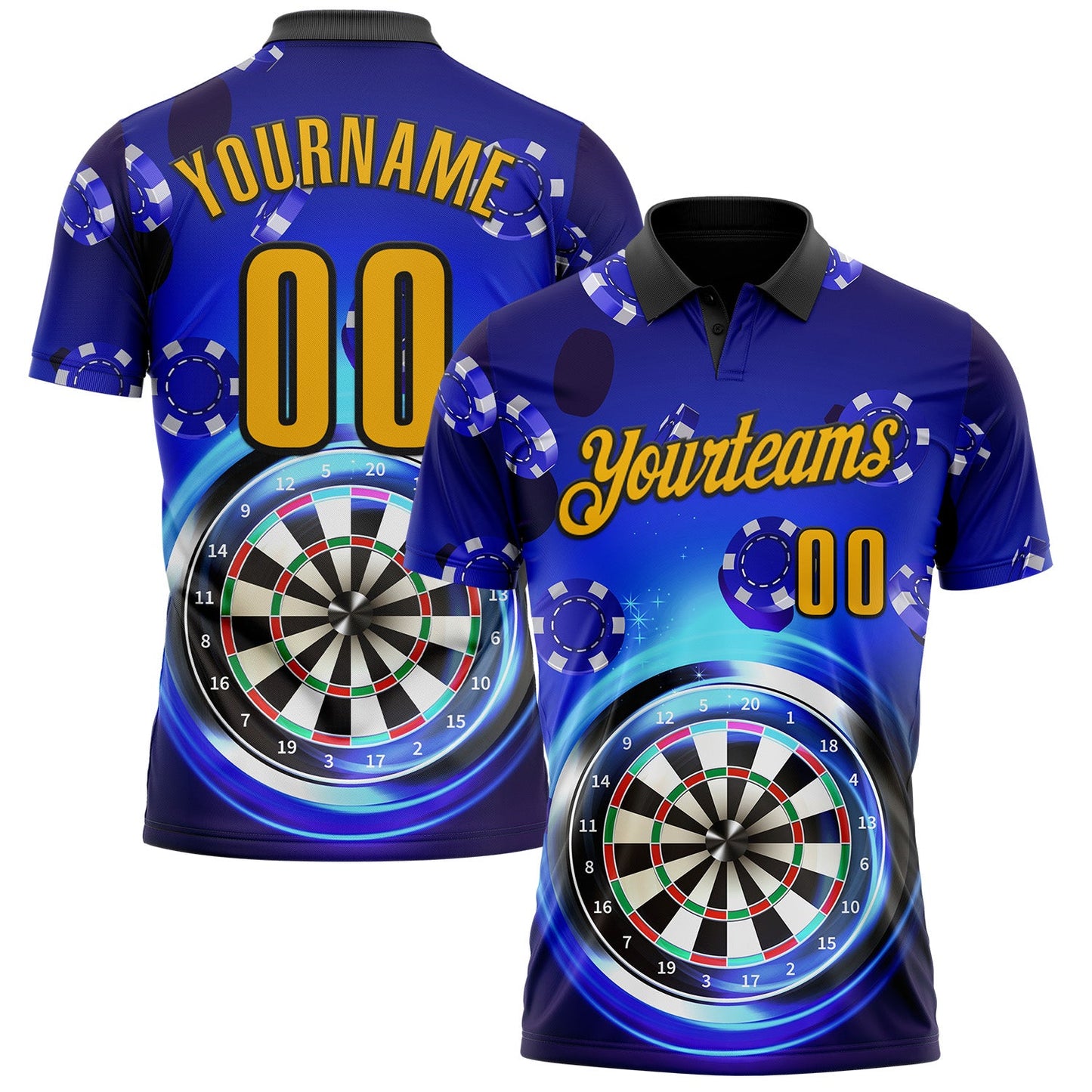 Custom Blue Gold-Black Darts Poker Chips Performance Polo Shirt