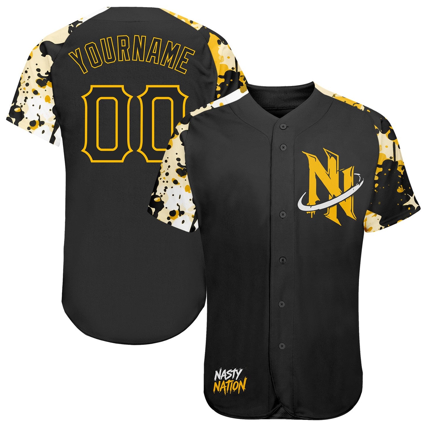 Custom Black Yellow-Gold Nasty Nation Camo Authentic Baseball Jersey