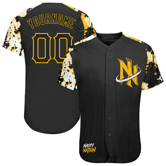 Custom Black Yellow-Gold Nasty Nation Camo Authentic Baseball Jersey