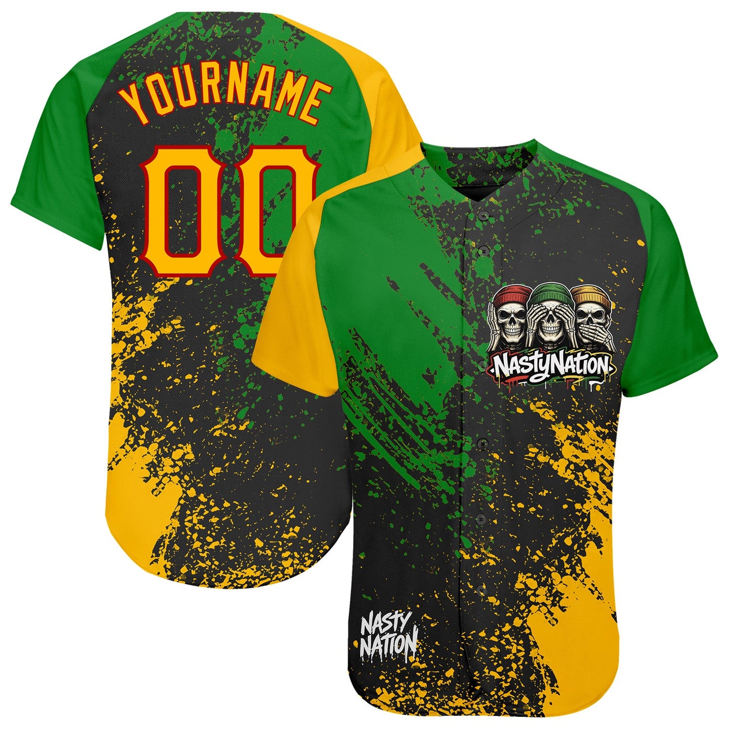 Custom Black Gold Grass Green-Red Nasty Nation Streetwear Authentic Baseball Jersey