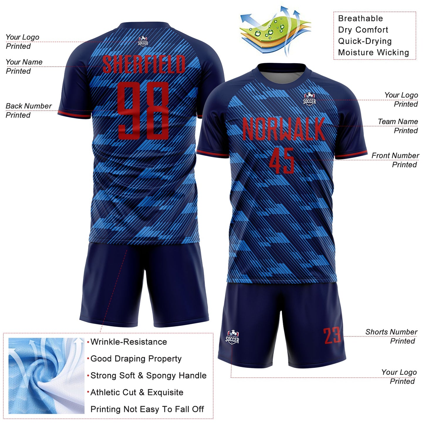 Custom Navy Red-Blue USA Style Patriotic Diagonal Flowing Lines Sublimation Soccer Uniform Jersey