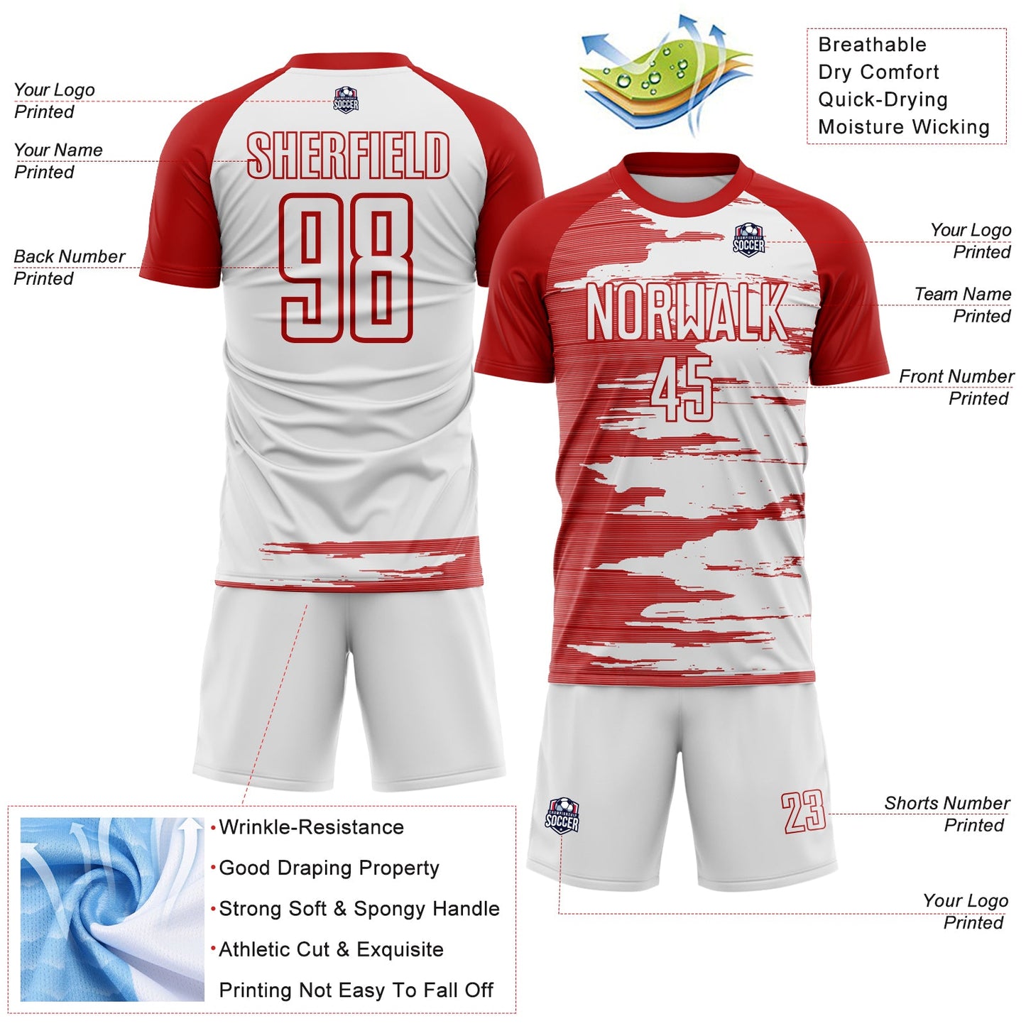Custom White-Red USA Style Patriotic Brush Stroke Sublimation Soccer Uniform Jersey