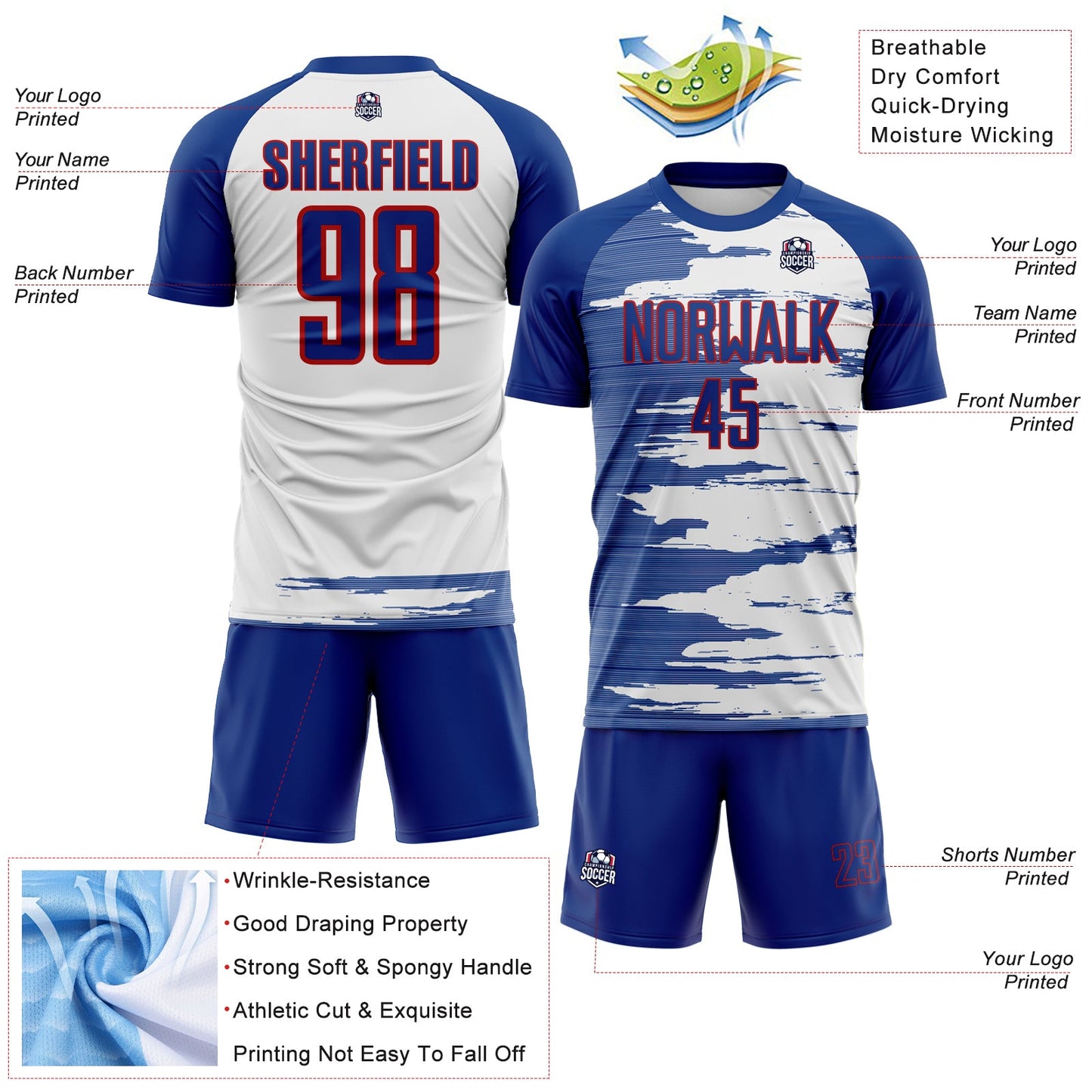 Custom White Royal-Red USA Style Patriotic Brush Stroke Sublimation Soccer Uniform Jersey