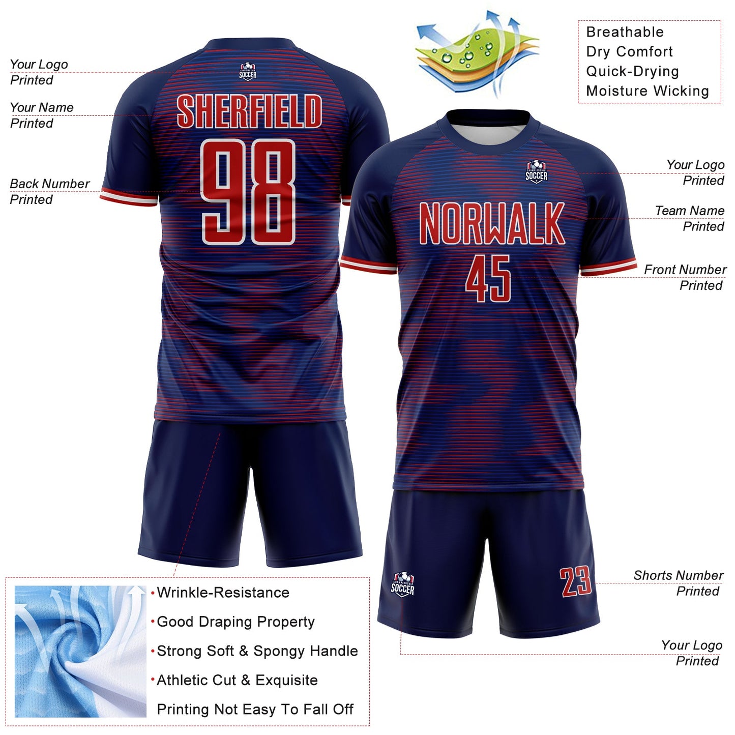 Custom US Navy Blue Red-White USA Style Patriotic Gradient Pinstripe Sublimation Soccer Uniform Jersey