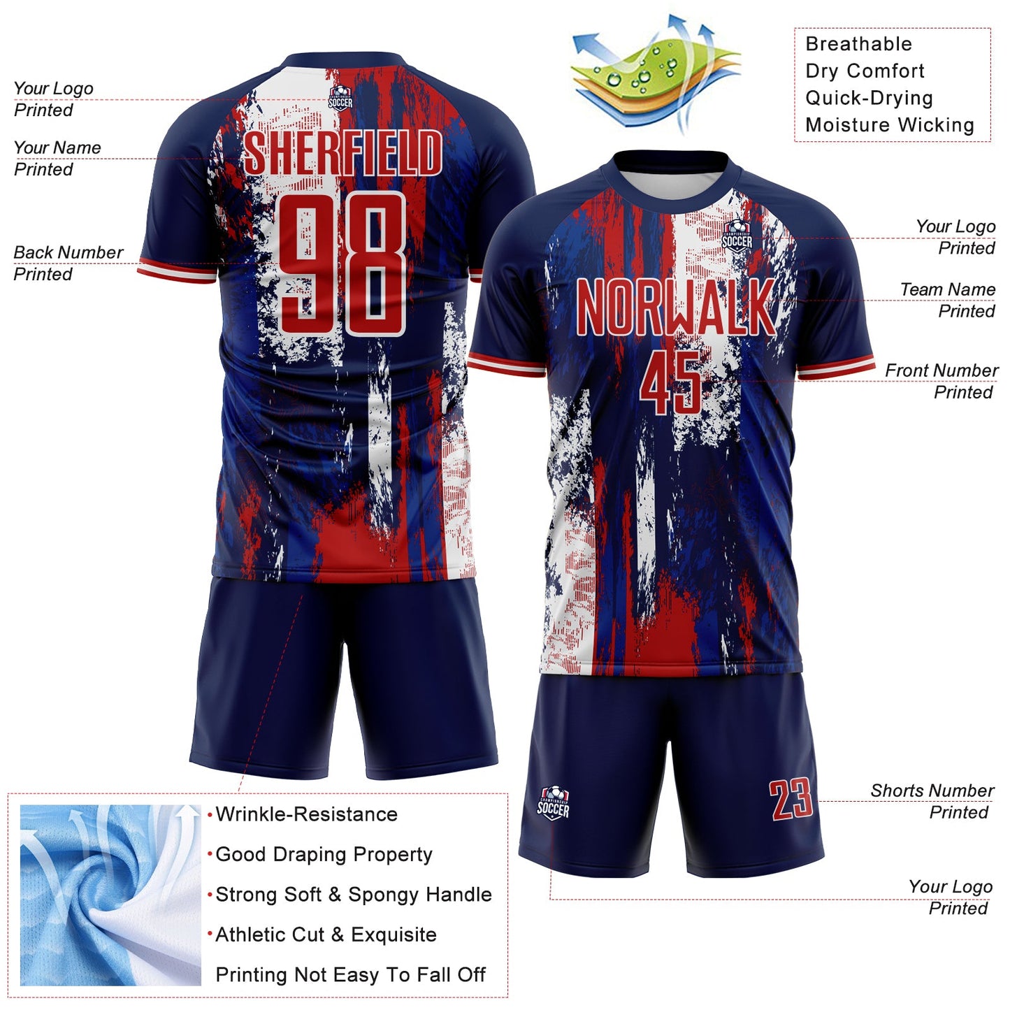 Custom Navy Red Blue-White USA Style Patriotic Splatter Sublimation Soccer Uniform Jersey