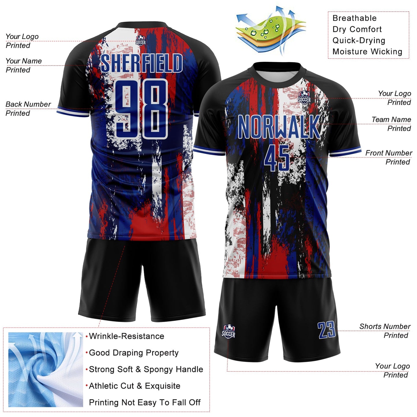 Custom Black Royal Red-White USA Style Patriotic Splatter Sublimation Soccer Uniform Jersey