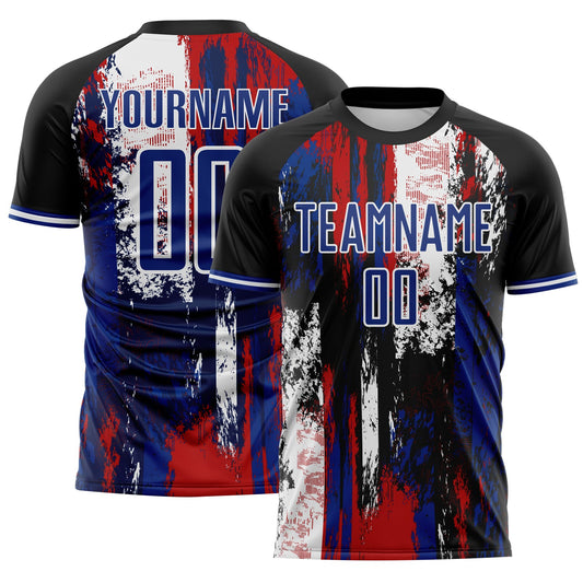 Custom Black Royal Red-White USA Style Patriotic Splatter Sublimation Soccer Uniform Jersey