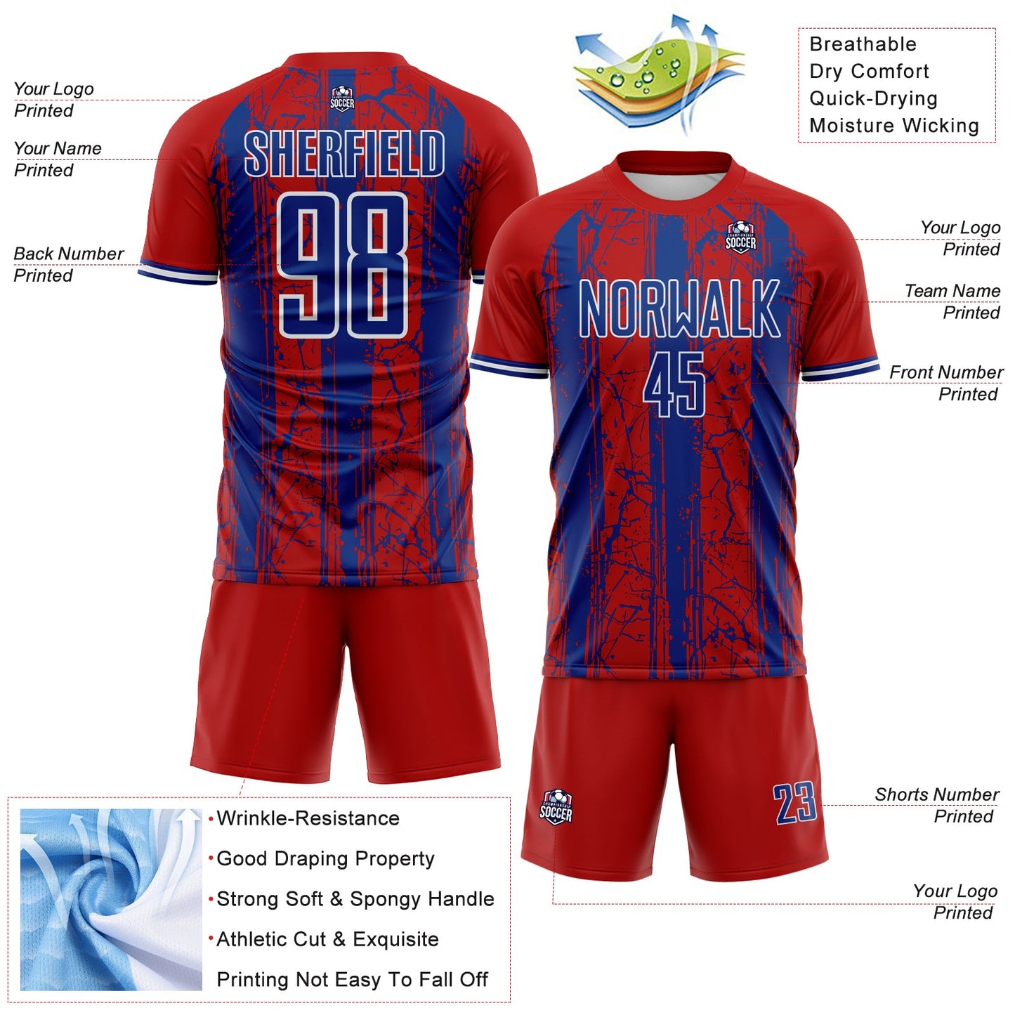 Custom Red Royal-White USA Style Patriotic Cracked Stripe Sublimation Soccer Uniform Jersey