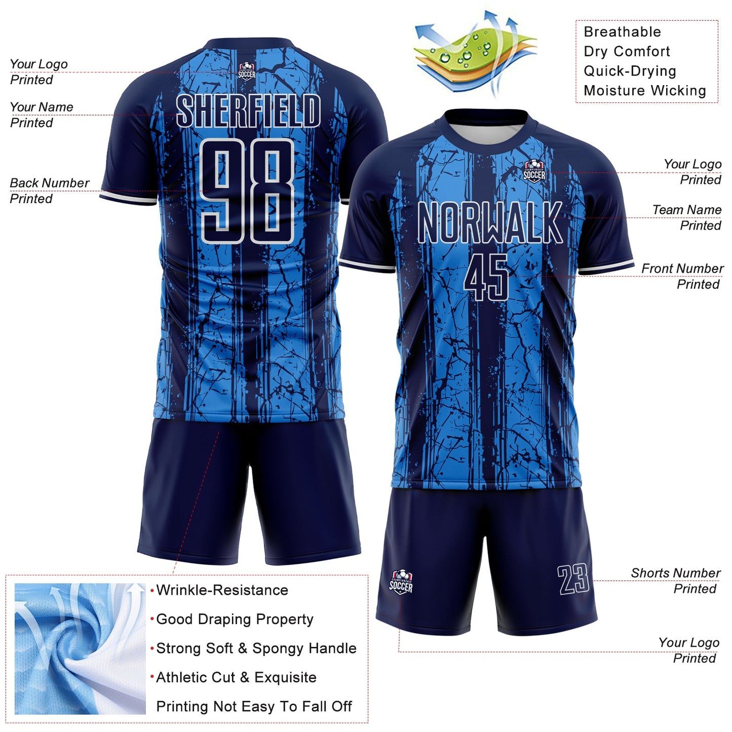 Custom Navy Powder Blue-White USA Style Patriotic Cracked Stripe Sublimation Soccer Uniform Jersey