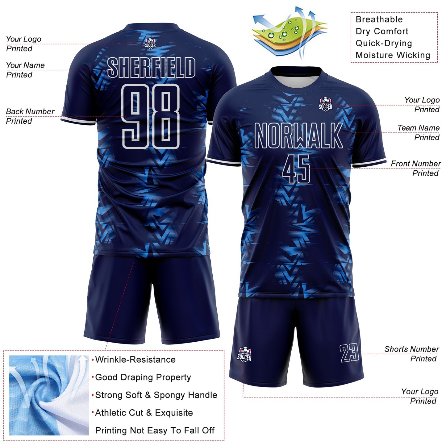Custom Navy Powder Blue-White USA Style Patriotic Geometric Chevron Lines Sublimation Soccer Uniform Jersey