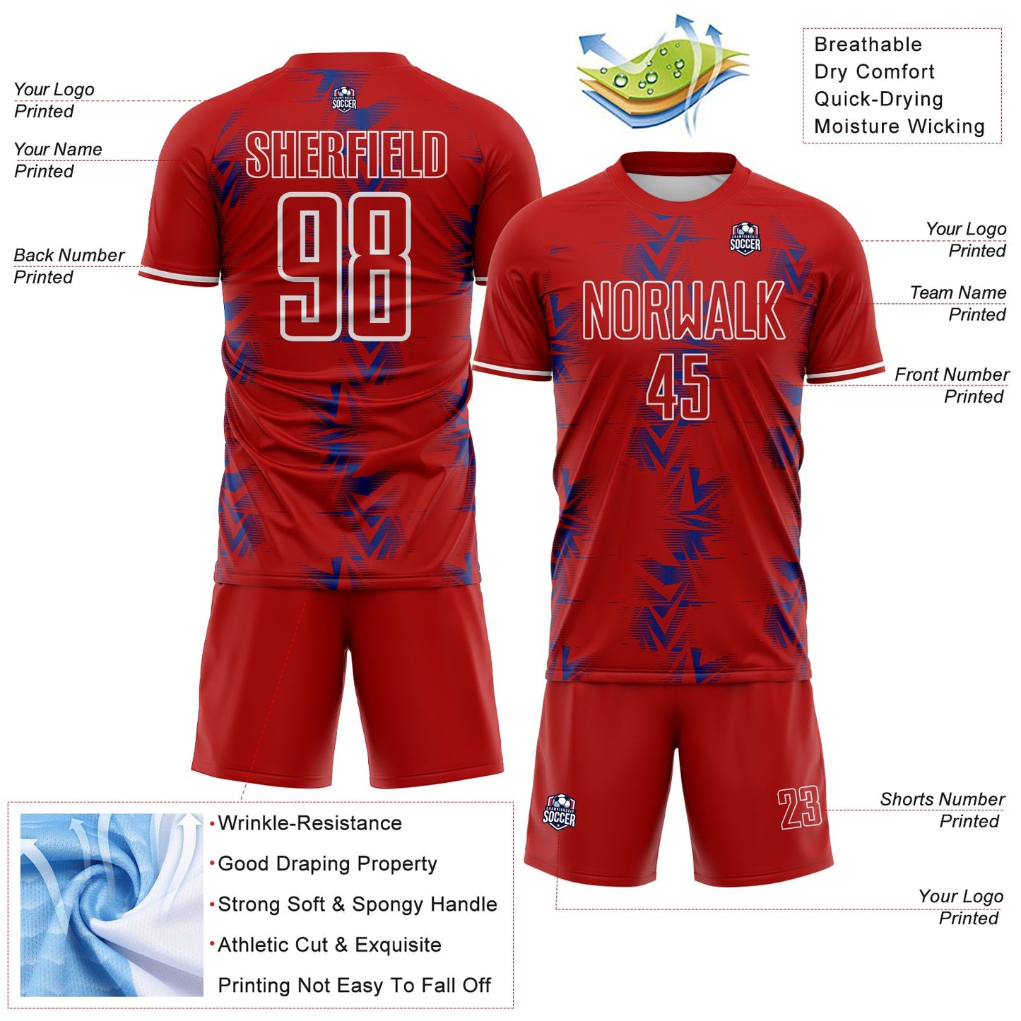 Custom Red Royal-White USA Style Patriotic Geometric Chevron Lines Sublimation Soccer Uniform Jersey