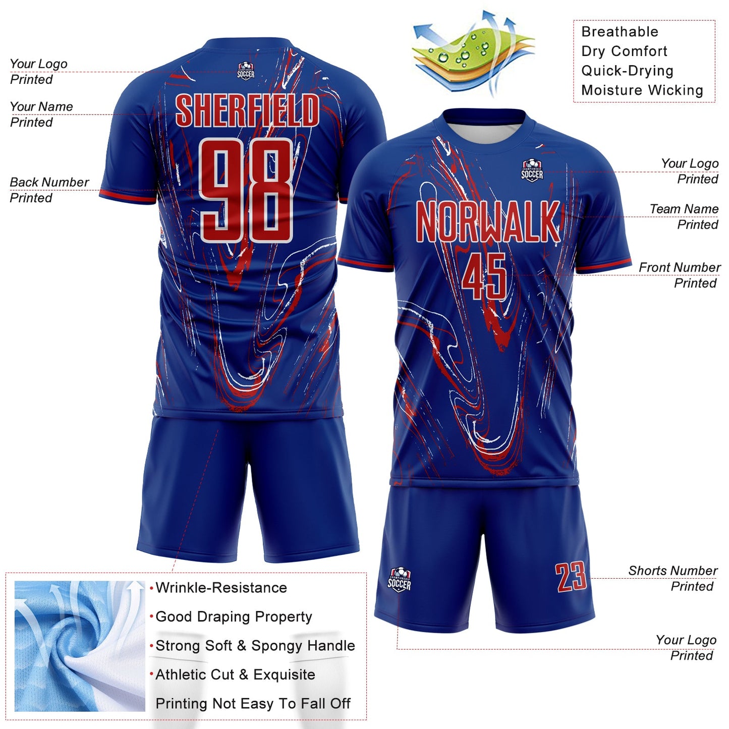 Custom Royal Red-White USA Style Patriotic Liquid Swirl Sublimation Soccer Uniform Jersey