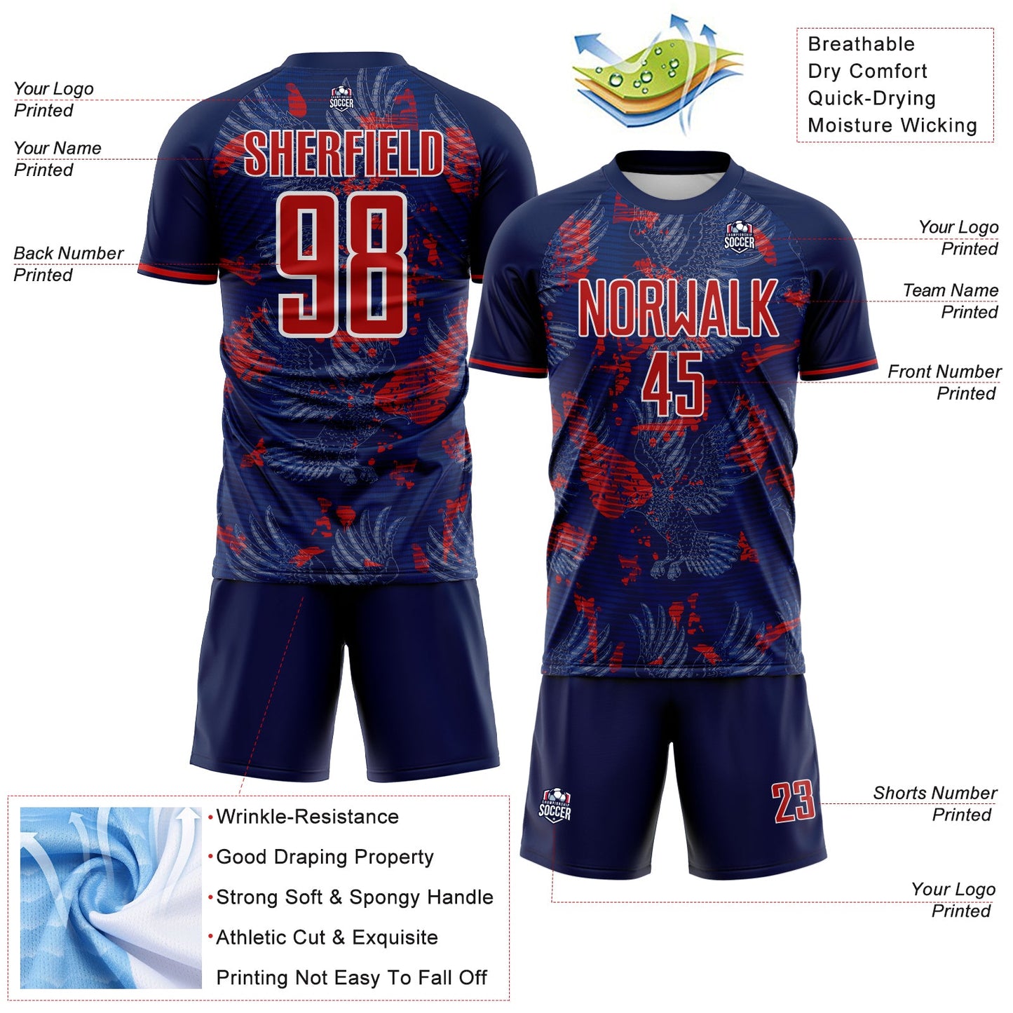 Custom US Navy Blue Red-White USA Style Patriotic American Bald Eagle Sublimation Soccer Uniform Jersey